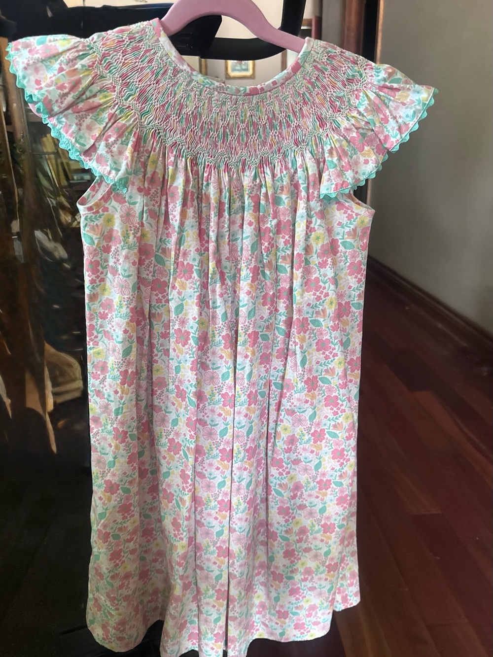 Banana Split Girls Floral Smocked Ruffle Dress in Pink + Mint
